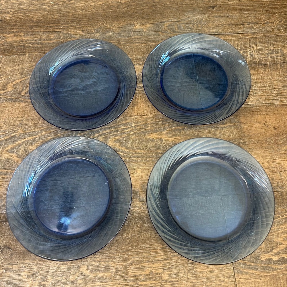 Pyrex Festiva Cobalt Blue Glass Salad Dessert Plates 7.5 Swirl Set of 4 USA